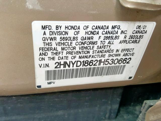 2HNYD18621H530662 - 2001 ACURA MDX TOURIN GRAY photo 10