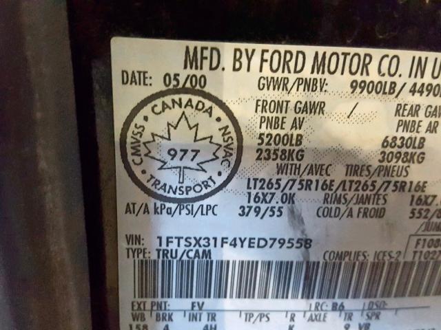 1FTSX31F4YED79558 - 2000 FORD F350 SRW S GREEN photo 10