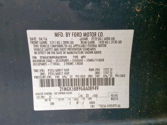 2FMGK5B89GBA08949 - 2016 FORD FLEX SE BLUE photo 10