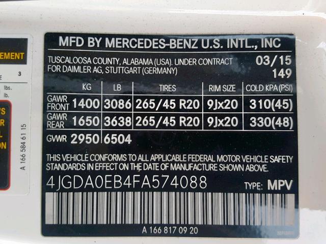 4JGDA0EB4FA574088 - 2015 MERCEDES-BENZ ML 250 BLU WHITE photo 10