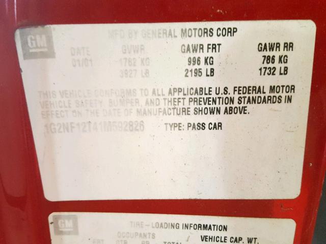 1G2NF12T41M592826 - 2001 PONTIAC GRAND AM S RED photo 10