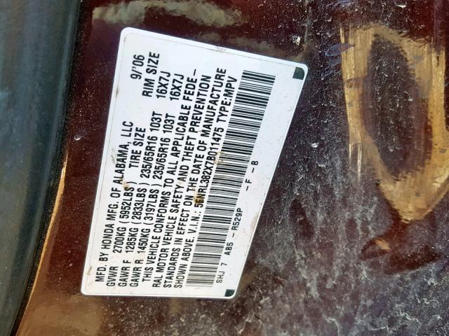 5FNRL382X7B011475 - 2007 HONDA ODYSSEY LX BURGUNDY photo 10