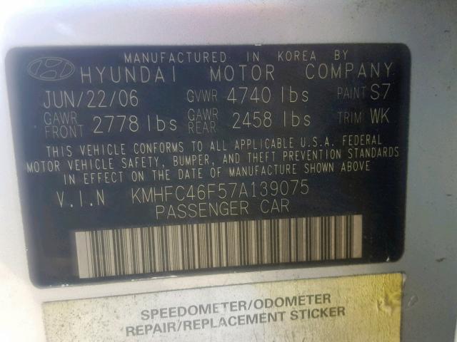 KMHFC46F57A139075 - 2007 HYUNDAI AZERA SE SILVER photo 10