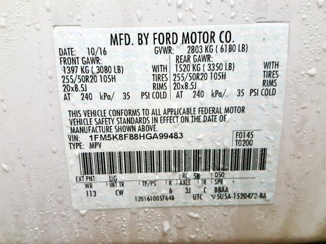 1FM5K8F88HGA99483 - 2017 FORD EXPLORER L WHITE photo 10