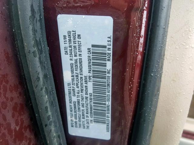4S3BH6869Y7630163 - 2000 SUBARU LEGACY OUT RED photo 10