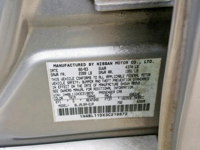 1N4BL11DX3C219872 - 2003 NISSAN ALTIMA SE SILVER photo 10