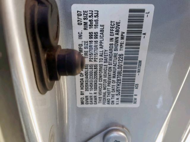 5J6YH28708L001226 - 2008 HONDA ELEMENT EX SILVER photo 10