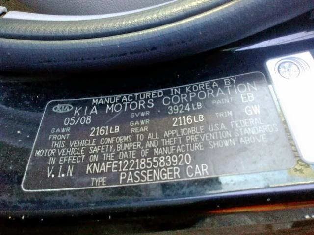 KNAFE122185583920 - 2008 KIA SPECTRA EX BLACK photo 10