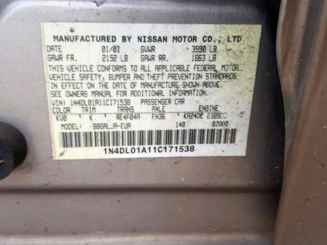 1N4DL01A11C171538 - 2001 NISSAN ALTIMA GXE SILVER photo 10