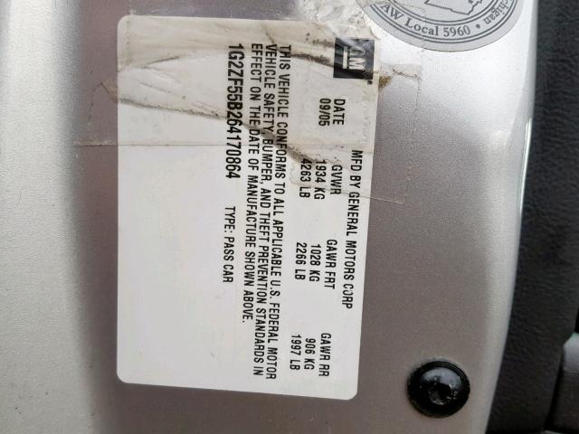 1G2ZF55B264170864 - 2006 PONTIAC G6 SE SILVER photo 10