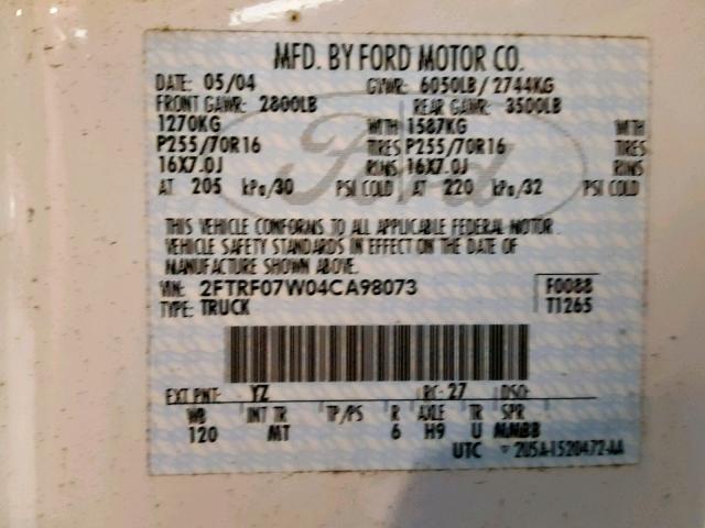 2FTRF07W04CA98073 - 2004 FORD F-150 HERI WHITE photo 10