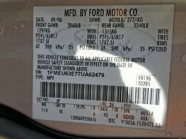 1FMEU63E77UA62479 - 2007 FORD EXPLORER X SILVER photo 10