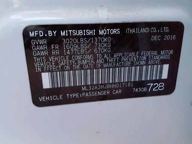 ML32A3HJ8HH017181 - 2017 MITSUBISHI MIRAGE ES WHITE photo 10
