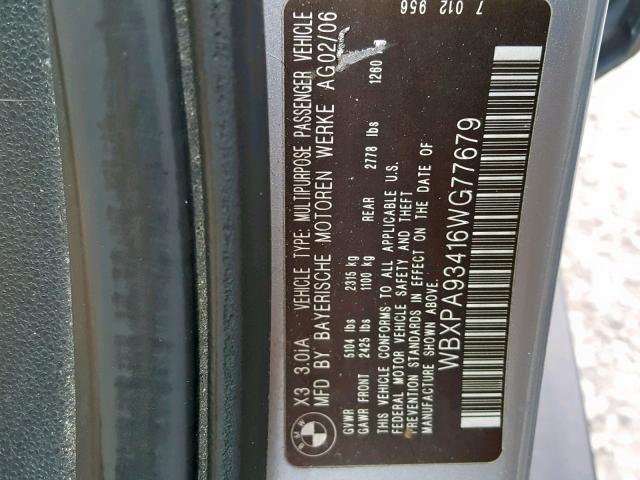 WBXPA93416WG77679 - 2006 BMW X3 3.0I SILVER photo 10