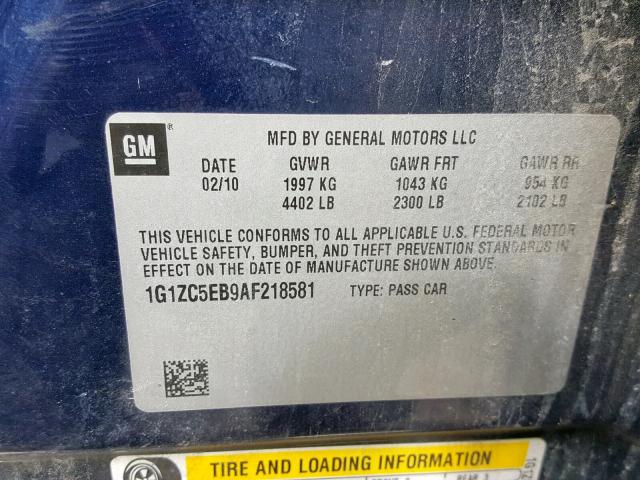 1G1ZC5EB9AF218581 - 2010 CHEVROLET MALIBU 1LT ლურჯი ფოტო 10