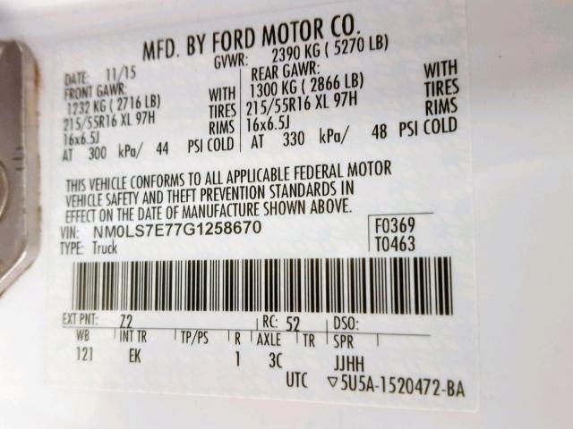 NM0LS7E77G1258670 - 2016 FORD TRANSIT CO WHITE photo 10