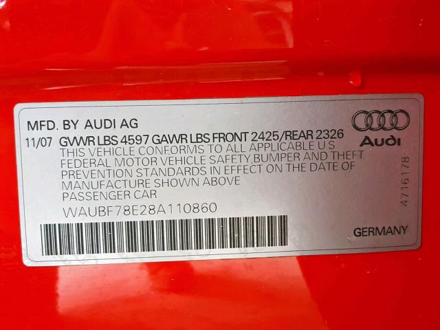 WAUBF78E28A110860 - 2008 AUDI A4 S-LINE RED photo 10