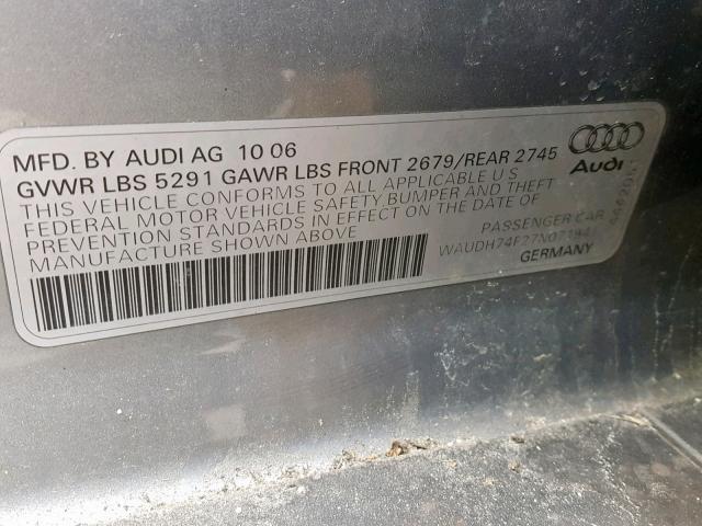 WAUDH74F27N071941 - 2007 AUDI A6 3.2 QUA GRAY photo 10