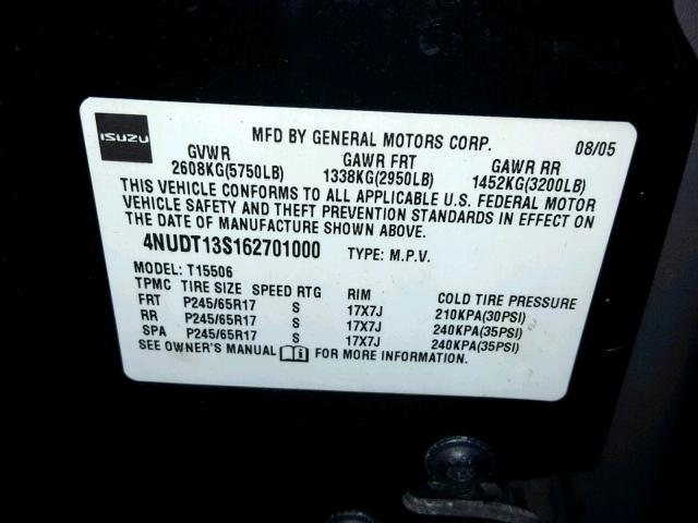 4NUDT13S162701000 - 2006 ISUZU ASCENDER S 黑色 照片 10