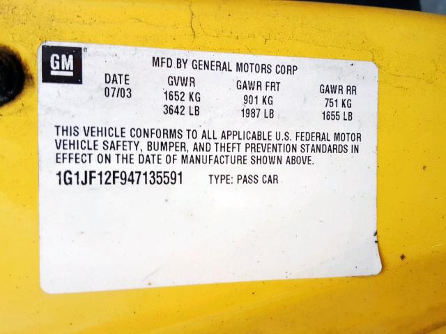 1G1JF12F947135591 - 2004 CHEVROLET CAVALIER L YELLOW photo 10