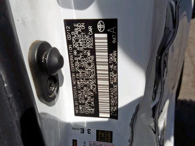 JTKJF5C75C3039798 - 2012 TOYOTA SCION TC WHITE photo 10