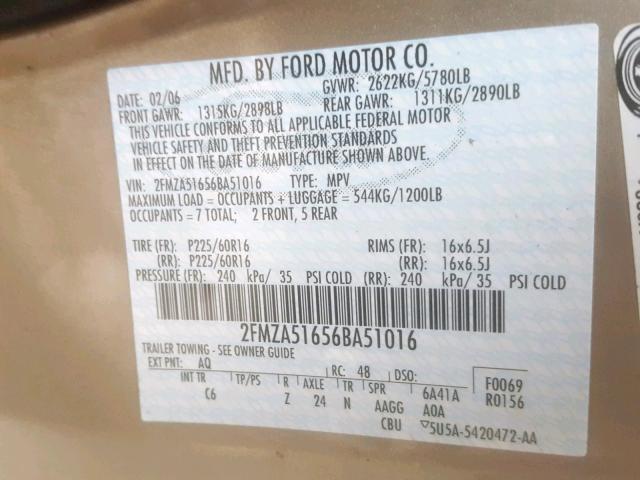 2FMZA51656BA51016 - 2006 FORD FREESTAR S GOLD photo 10