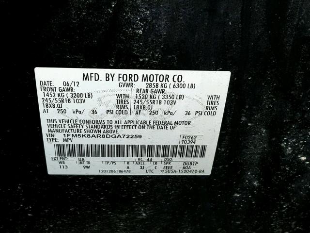 1FM5K8AR8DGA72259 - 2013 FORD EXPLORER P BLACK photo 10