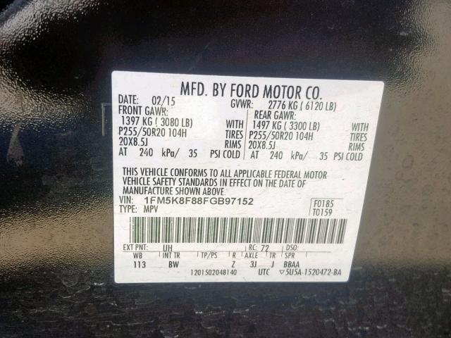 1FM5K8F88FGB97152 - 2015 FORD EXPLORER L BLACK photo 10