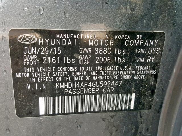 KMHDH4AE4GU592447 - 2016 HYUNDAI ELANTRA SE GRAY photo 10