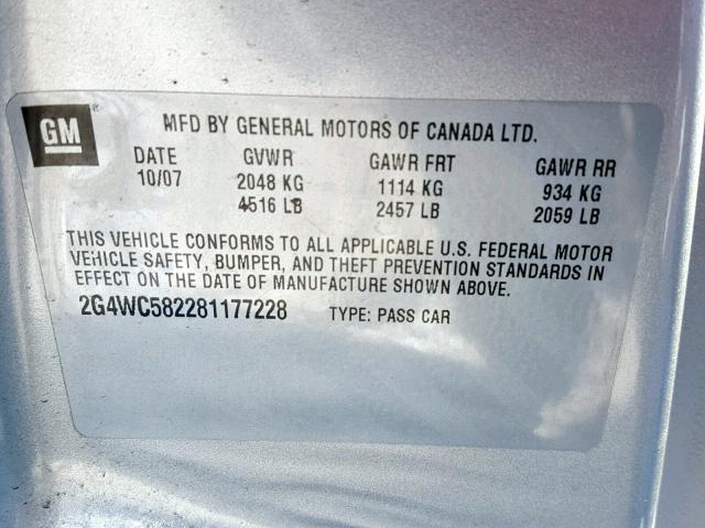 2G4WC582281177228 - 2008 BUICK LACROSSE C SILVER photo 10