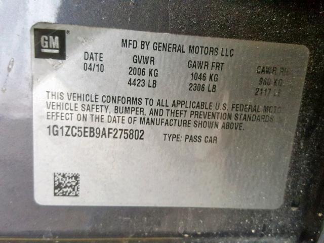 1G1ZC5EB9AF275802 - 2010 CHEVROLET MALIBU 1LT ბეჟი ფოტო 10