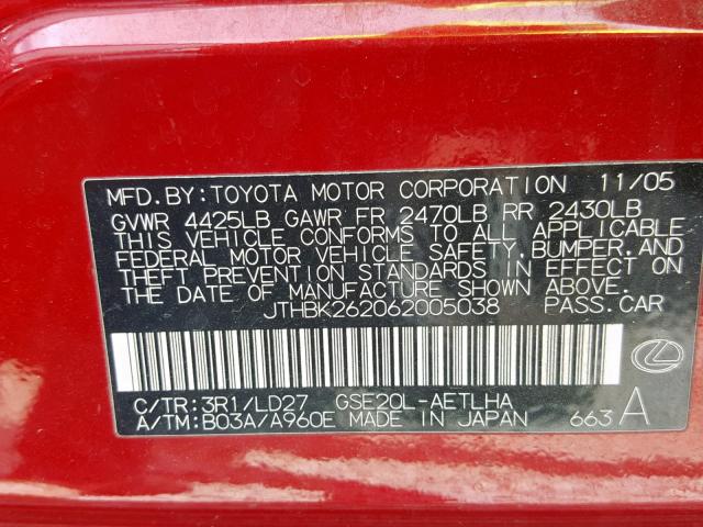 JTHBK262062005038 - 2006 LEXUS IS 250 RED photo 10