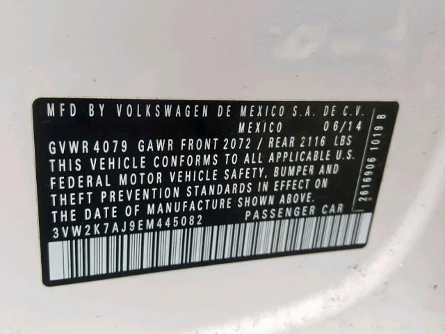 3VW2K7AJ9EM445082 - 2014 VOLKSWAGEN JETTA BASE WHITE photo 10