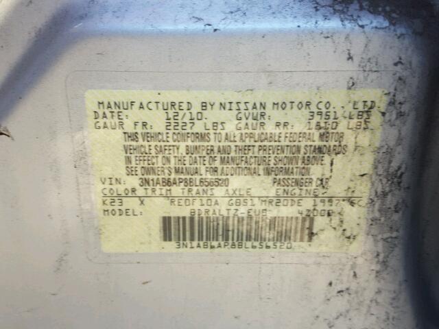 3N1AB6AP8BL656520 - 2011 NISSAN SENTRA 2.0 SILVER photo 10