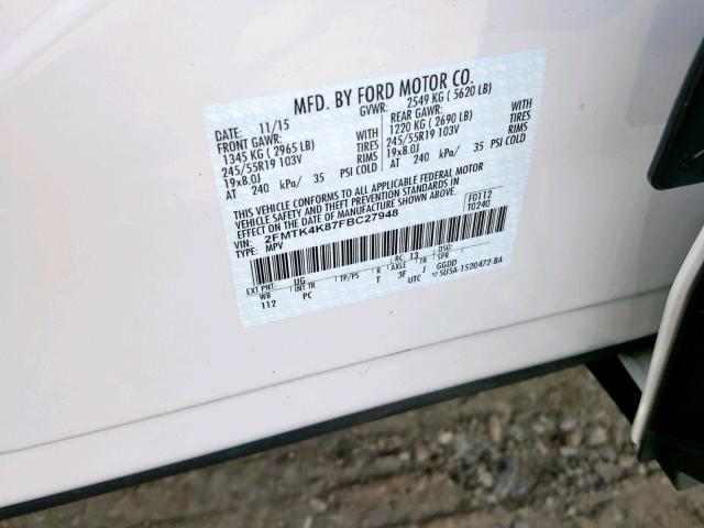 2FMTK4K87FBC27948 - 2015 FORD EDGE TITAN WHITE photo 10