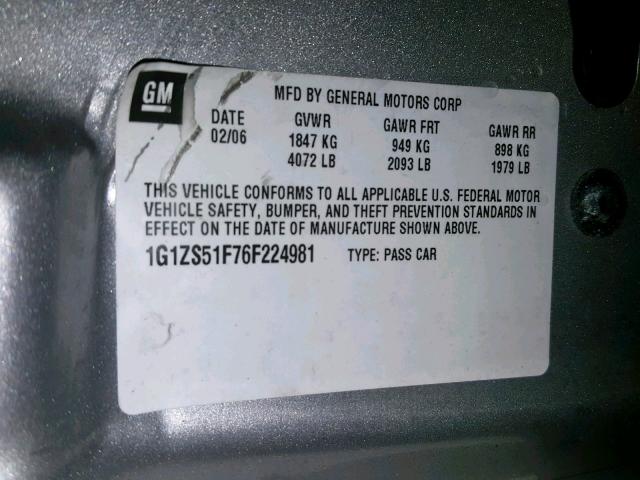 1G1ZS51F76F224981 - 2006 CHEVROLET MALIBU LS SILVER photo 10