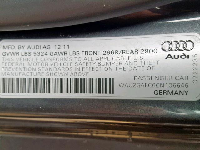 WAU2GAFC6CN106646 - 2012 AUDI A7 PRESTIG SILVER photo 10