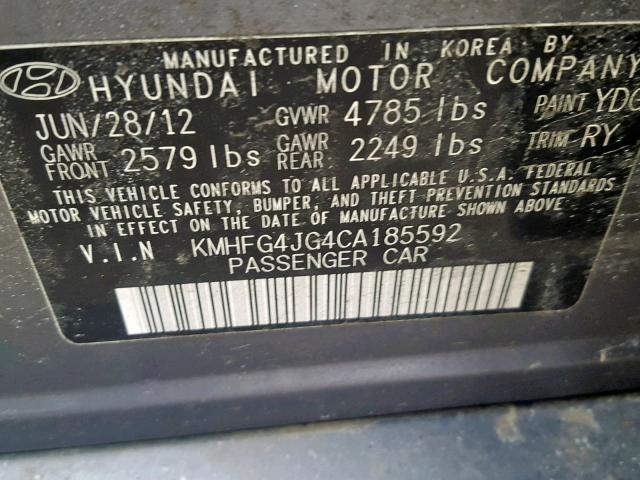 KMHFG4JG4CA185592 - 2012 HYUNDAI AZERA GLS GRAY photo 10