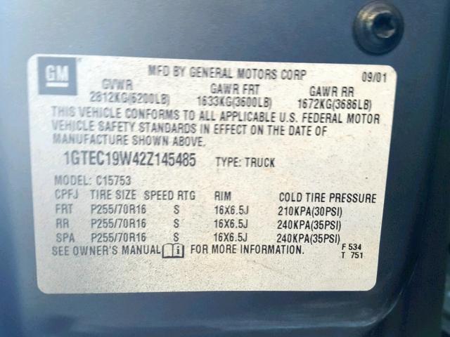 1GTEC19W42Z145485 - 2002 GMC NEW SIERRA GRAY photo 10