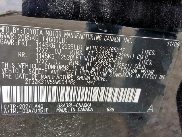 2T3ZK31V59W001182 - 2009 TOYOTA RAV4 LIMIT BLACK photo 10