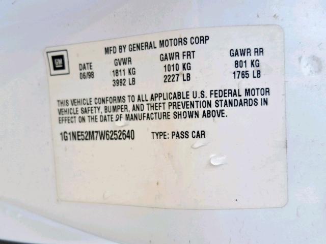 1G1NE52M7W6252640 - 1998 CHEVROLET MALIBU LS WHITE photo 10