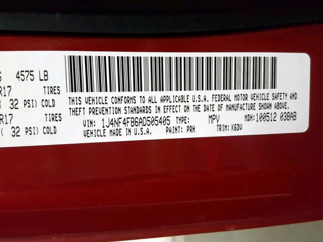 1J4NF4FB6AD505405 - 2010 JEEP COMPASS SP RED photo 10