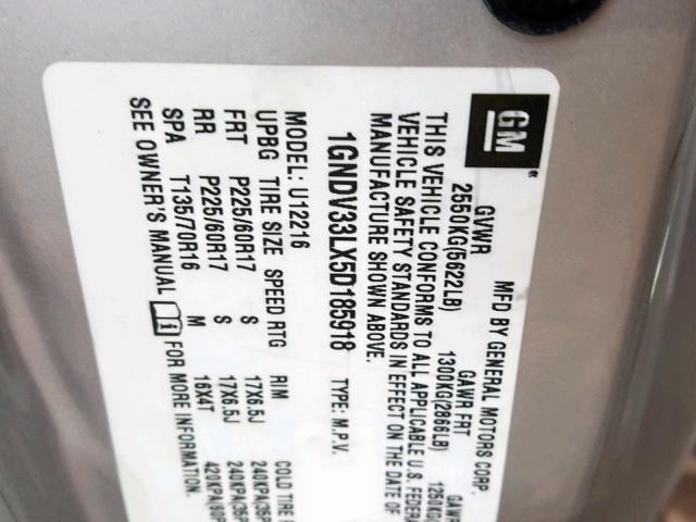 1GNDV33LX5D185918 - 2005 CHEVROLET UPLANDER L Gümüş foto 10