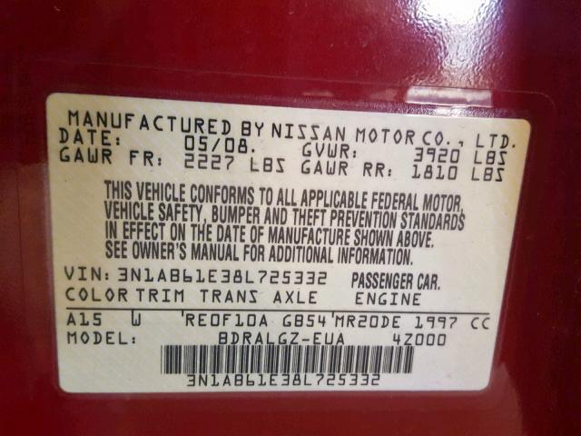 3N1AB61E38L725332 - 2008 NISSAN SENTRA 2.0 BURGUNDY photo 10