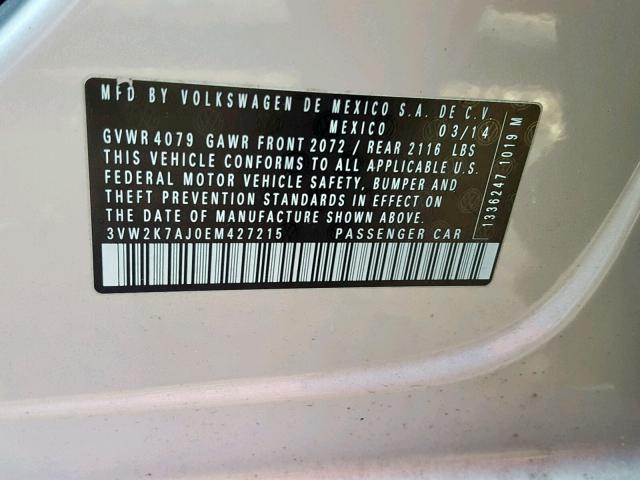 3VW2K7AJ0EM427215 - 2014 VOLKSWAGEN JETTA BASE SILVER photo 10