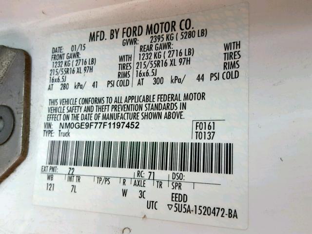 NM0GE9F77F1197452 - 2015 FORD TRANSIT CO WHITE photo 10