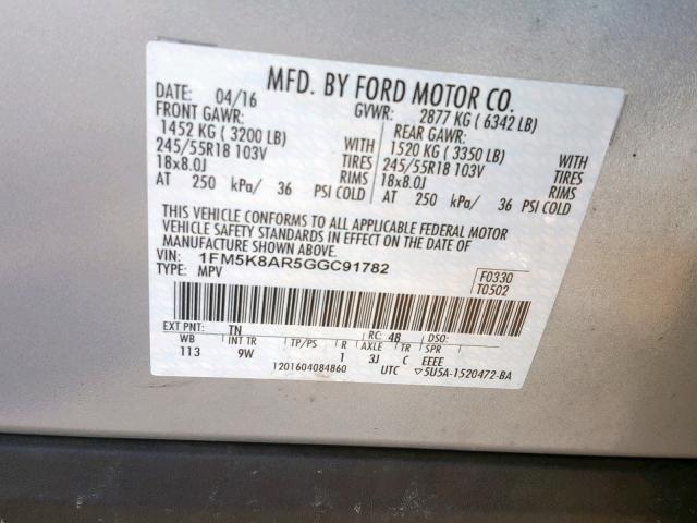 1FM5K8AR5GGC91782 - 2016 FORD EXPLORER P GRAY photo 10