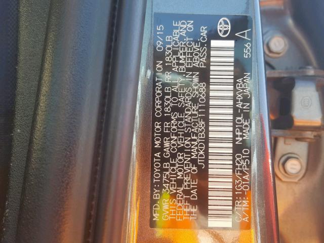 JTDKDTB38F1110688 - 2015 TOYOTA PRIUS C GRAY photo 10