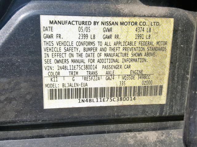 1N4BL11E75C380014 - 2005 NISSAN ALTIMA SE GRAY photo 10