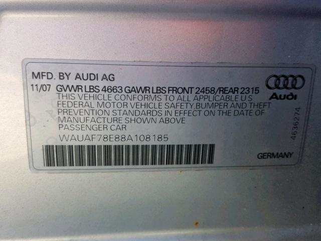 WAUAF78E88A108185 - 2008 AUDI A4 2.0T SILVER photo 10